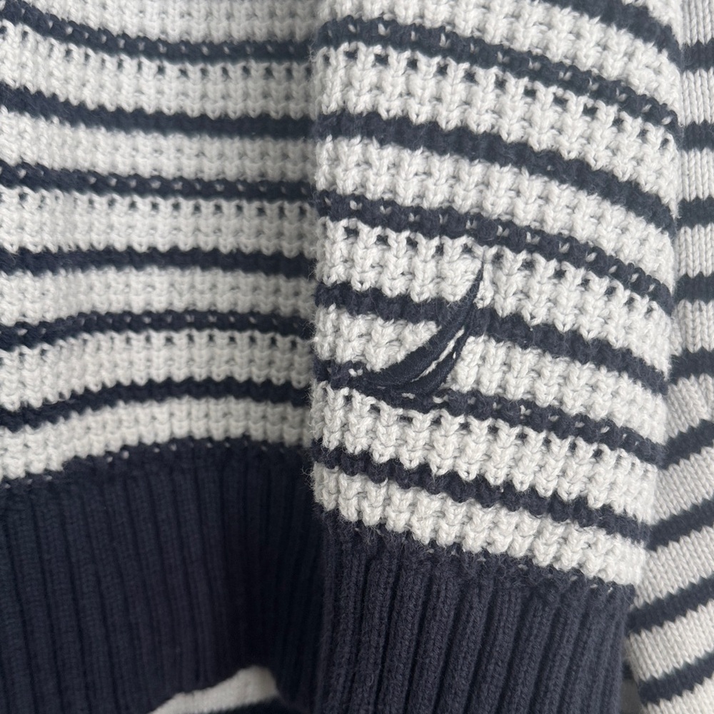 Nautical Striped Shawl Collar Sweater L 100% Cotton Fisherman Pullover Knit - Picture 2 of 6